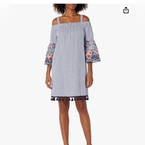 Jessica Howard Blue and White One Shoulder Dress